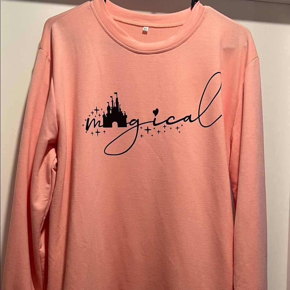 Amazon Pink Long-Sleeve Top with Black Magical Castle Graphic